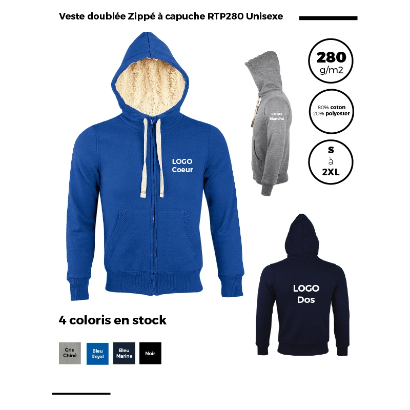 Veste doublée Zippée à capuche RTP280 Unisexe