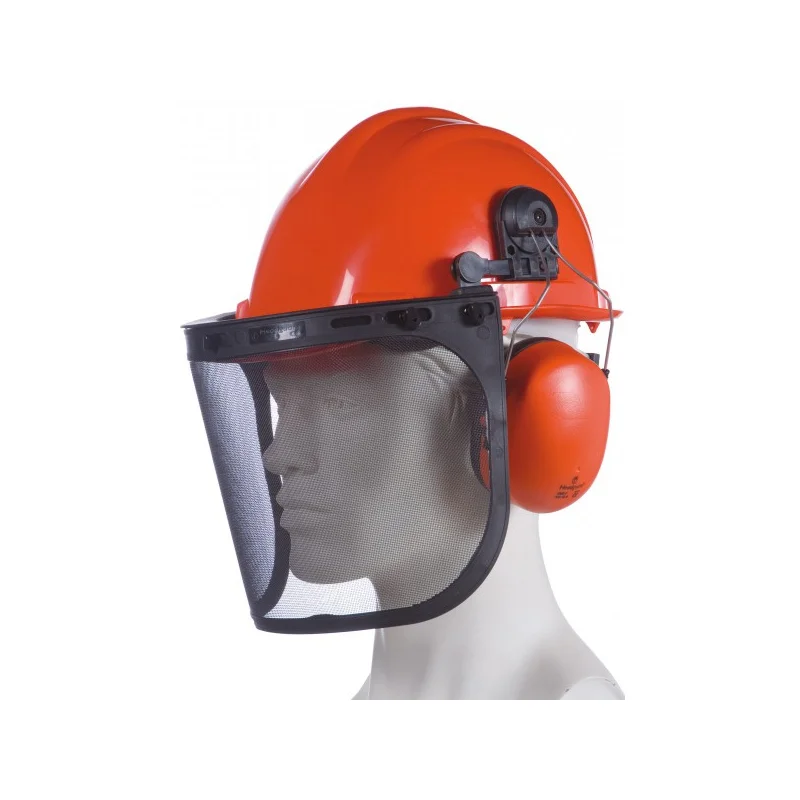 Casque forestier avec grille de protection et coquilles antibruit